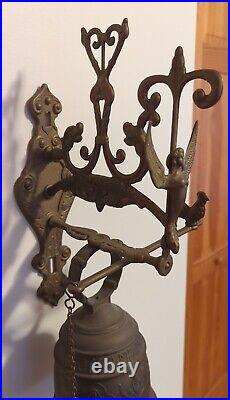 Large ANTIQUE VINTAGE BRASS ORNATE DOOR BELL with PULL CHAIN Latin Phrase