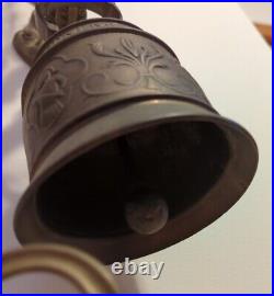 Large ANTIQUE VINTAGE BRASS ORNATE DOOR BELL with PULL CHAIN Latin Phrase