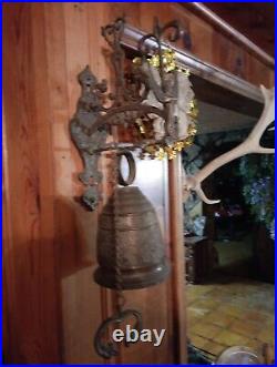 Large ANTIQUE VINTAGE BRASS ORNATE DOOR BELL with PULL CHAIN Latin Phrase Works