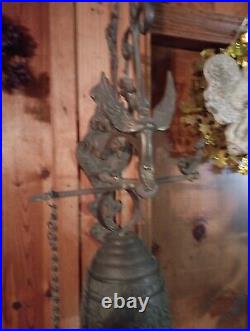 Large ANTIQUE VINTAGE BRASS ORNATE DOOR BELL with PULL CHAIN Latin Phrase Works