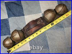 Large Antique 1880s Solid Brass Sleigh Bells Leather Harness Strap