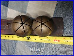 Large Antique 1880s Solid Brass Sleigh Bells Leather Harness Strap