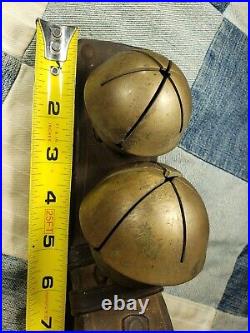 Large Antique 1880s Solid Brass Sleigh Bells Leather Harness Strap