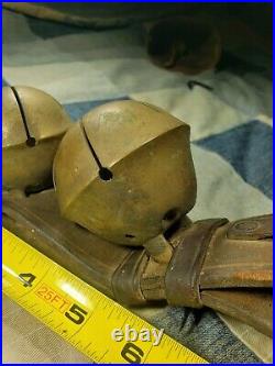 Large Antique 1880s Solid Brass Sleigh Bells Leather Harness Strap