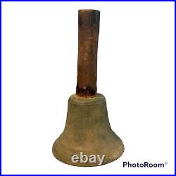 Large Antique Brass School Bell Iron Clapper Fire Dept Rustic Wood Handle LOUD