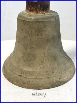 Large Antique Brass School Bell Iron Clapper Fire Dept Rustic Wood Handle LOUD