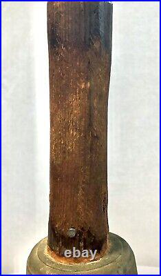 Large Antique Brass School Bell Iron Clapper Fire Dept Rustic Wood Handle LOUD