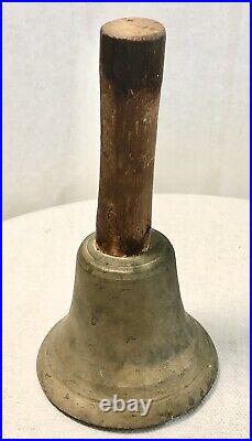 Large Antique Brass School Bell Iron Clapper Fire Dept Rustic Wood Handle LOUD