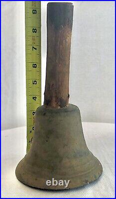 Large Antique Brass School Bell Iron Clapper Fire Dept Rustic Wood Handle LOUD