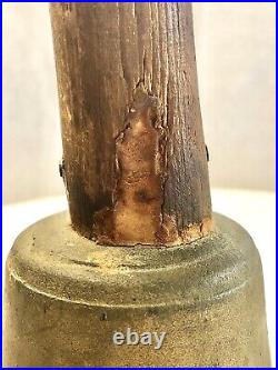 Large Antique Brass School Bell Iron Clapper Fire Dept Rustic Wood Handle LOUD