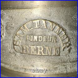 Large Antique Brass Swiss Cow Bell Mounted In Wood Cradle Sam Tanner Berne