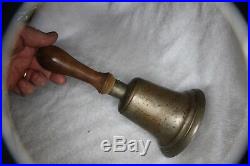 Large Antique Cast Bronze Brass School Bell 10 Tall 5 Dia Ring and Wood Handle