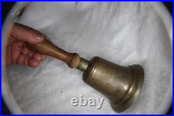 Large Antique Cast Bronze Brass School Bell 10 Tall 5 Dia Ring and Wood Handle