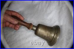 Large Antique Cast Bronze Brass School Bell 10 Tall 5 Dia Ring and Wood Handle