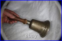 Large Antique Cast Bronze Brass School Bell 10 Tall 5 Dia Ring and Wood Handle