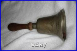 Large Antique Cast Bronze Brass School Bell 10 Tall 5 Dia Ring and Wood Handle