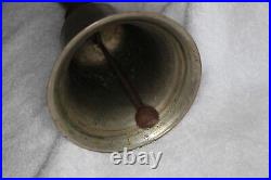 Large Antique Cast Bronze Brass School Bell 10 Tall 5 Dia Ring and Wood Handle