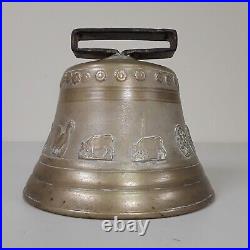 Large Antique French Bronze Bell Embossed Farm Animals & Fleur de Lis