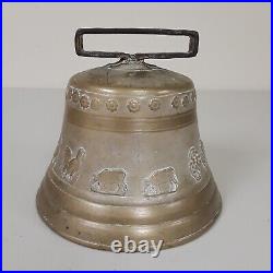 Large Antique French Bronze Bell Embossed Farm Animals & Fleur de Lis