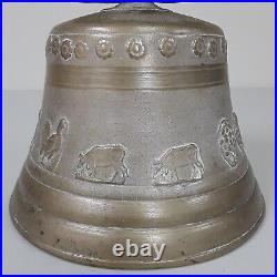 Large Antique French Bronze Bell Embossed Farm Animals & Fleur de Lis