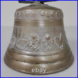 Large Antique French Bronze Bell Embossed Farm Animals & Fleur de Lis