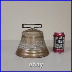 Large Antique French Bronze Bell Embossed Farm Animals & Fleur de Lis