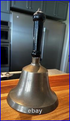 Large Antique Hand Bell Brass Wood Handle Unique Ship Railroad School