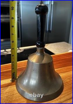Large Antique Hand Bell Brass Wood Handle Unique Ship Railroad School