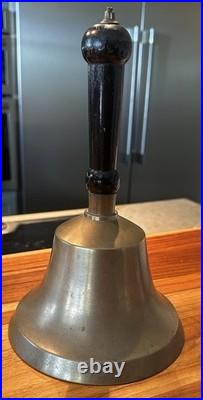 Large Antique Hand Bell Brass Wood Handle Unique Ship Railroad School