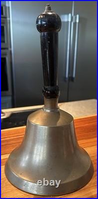 Large Antique Hand Bell Brass Wood Handle Unique Ship Railroad School
