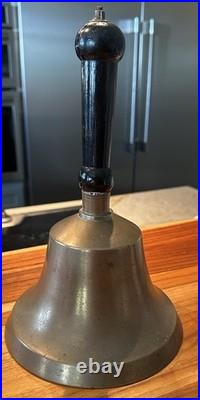 Large Antique Hand Bell Brass Wood Handle Unique Ship Railroad School