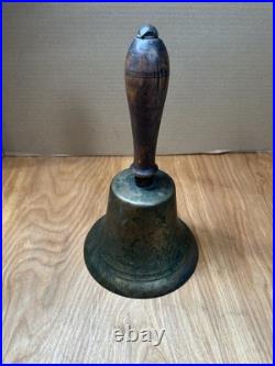 Large Antique Hand Bell Etched Brass Wood Handle Unique Ship Railroad School