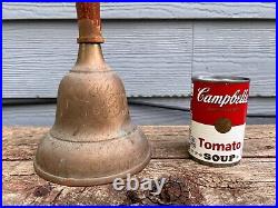 Large Antique Hand Bell Etched Brass Wood Handle Unique Ship Railroad School