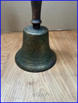 Large Antique Hand Bell Etched Brass Wood Handle Unique Ship Railroad School