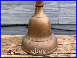 Large Antique Hand Bell Etched Brass Wood Handle Unique Ship Railroad School