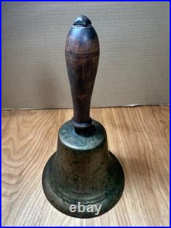 Large Antique Hand Bell Etched Brass Wood Handle Unique Ship Railroad School