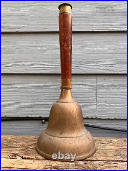 Large Antique Hand Bell Etched Brass Wood Handle Unique Ship Railroad School