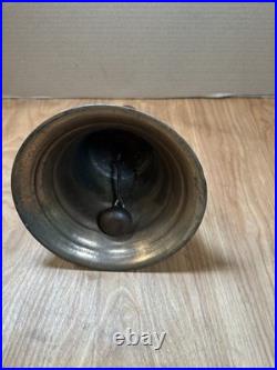 Large Antique Hand Bell Etched Brass Wood Handle Unique Ship Railroad School