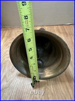 Large Antique Hand Bell Etched Brass Wood Handle Unique Ship Railroad School