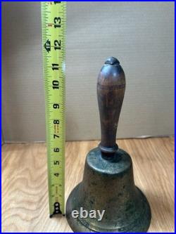 Large Antique Hand Bell Etched Brass Wood Handle Unique Ship Railroad School