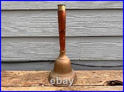 Large Antique Hand Bell Etched Brass Wood Handle Unique Ship Railroad School