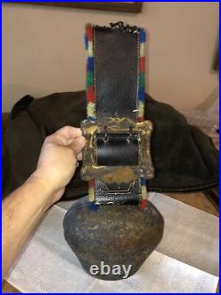 Large Antique Swiss Austrian Brass Oxen Cow Bell Embroidered Strap Hand Wrought