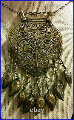 Large Antique Tribal Brass Necklace Pendant Amulet with Dangle Bells