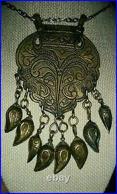 Large Antique Tribal Brass Necklace Pendant Amulet with Dangle Bells