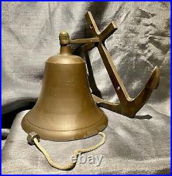 Large Vintage Brass Ship Bell With Anchor Shape Wall Mount