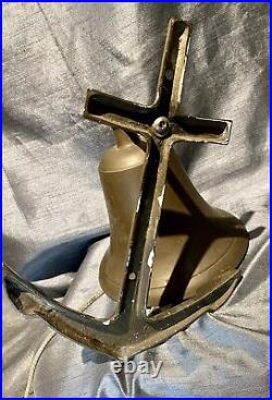 Large Vintage Brass Ship Bell With Anchor Shape Wall Mount