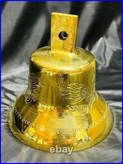Large Vintage Polished Brass Bell With Clapper, Engraved Dueling Dragons Motif