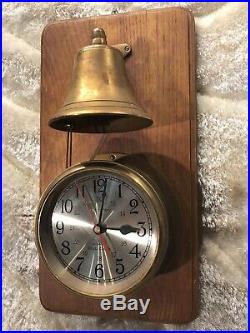 Large Vintage Ships Time Ships Bell Strikes Clock On Wall Wood Base