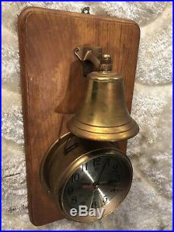 Large Vintage Ships Time Ships Bell Strikes Clock On Wall Wood Base