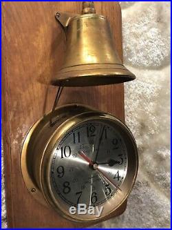 Large Vintage Ships Time Ships Bell Strikes Clock On Wall Wood Base